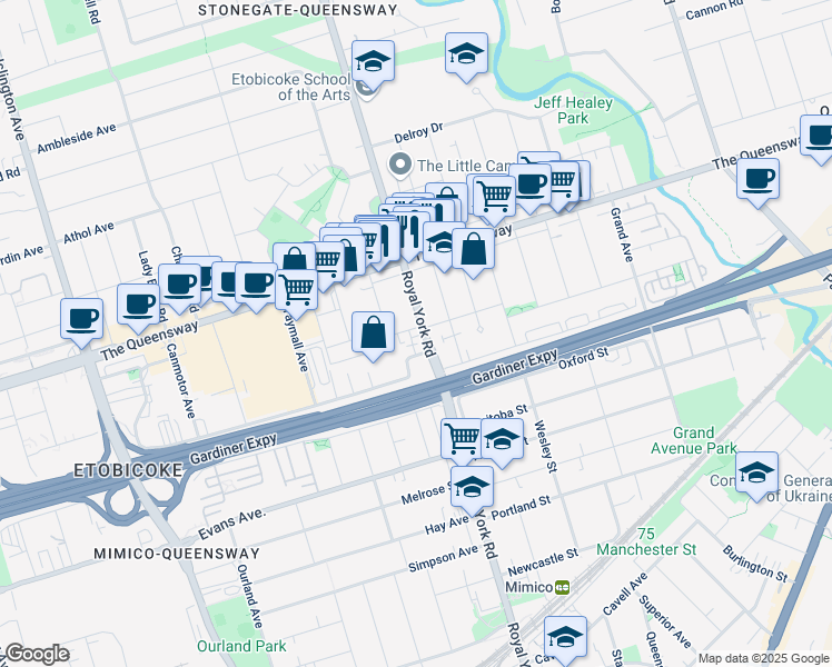 map of restaurants, bars, coffee shops, grocery stores, and more near 522 Royal York Road in Toronto