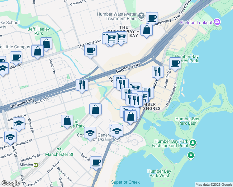 map of restaurants, bars, coffee shops, grocery stores, and more near in Toronto