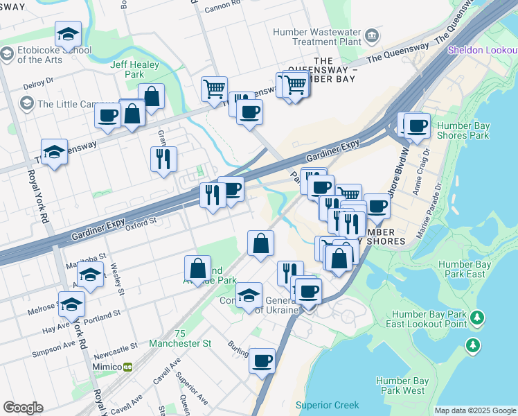 map of restaurants, bars, coffee shops, grocery stores, and more near 155 Legion Road North in Toronto