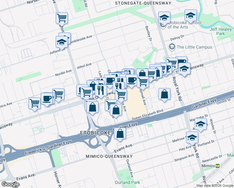 map of restaurants, bars, coffee shops, grocery stores, and more near 859 The Queensway in Toronto