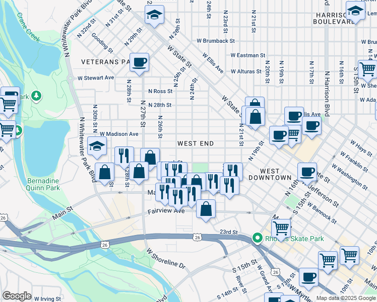 map of restaurants, bars, coffee shops, grocery stores, and more near 2401 West Jefferson Street in Boise