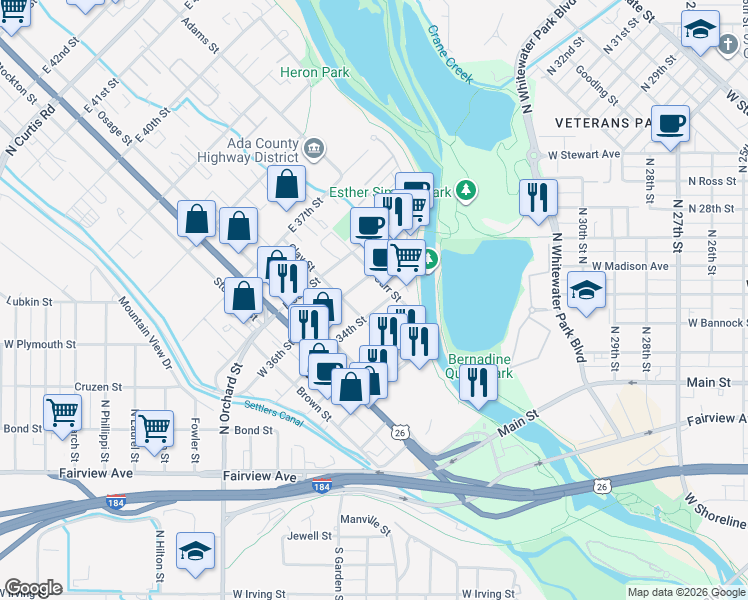 map of restaurants, bars, coffee shops, grocery stores, and more near 212 East 34th Street in Boise