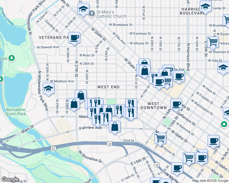 map of restaurants, bars, coffee shops, grocery stores, and more near 2301 West Jefferson Street in Boise