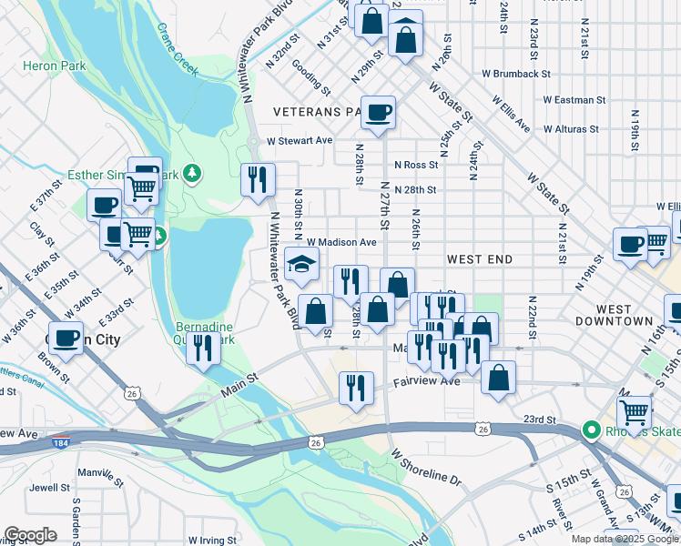 map of restaurants, bars, coffee shops, grocery stores, and more near 2815 West Jefferson Street in Boise