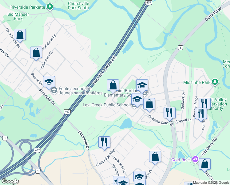 map of restaurants, bars, coffee shops, grocery stores, and more near 1674 Samuelson Circle in Mississauga