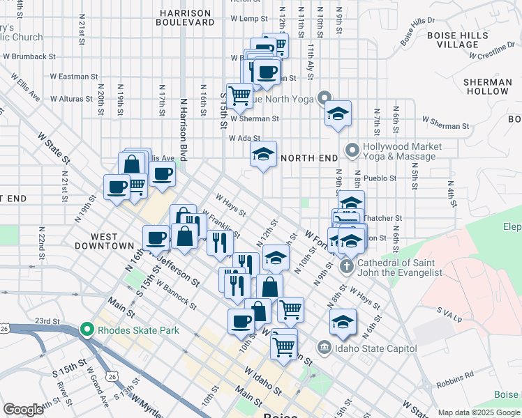 map of restaurants, bars, coffee shops, grocery stores, and more near 815 North 13th Street in Boise