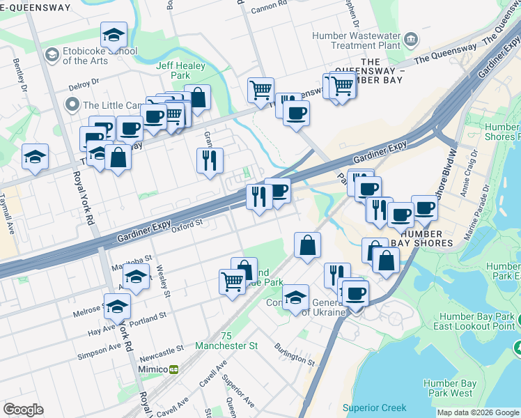 map of restaurants, bars, coffee shops, grocery stores, and more near 200 Manitoba Street in Toronto