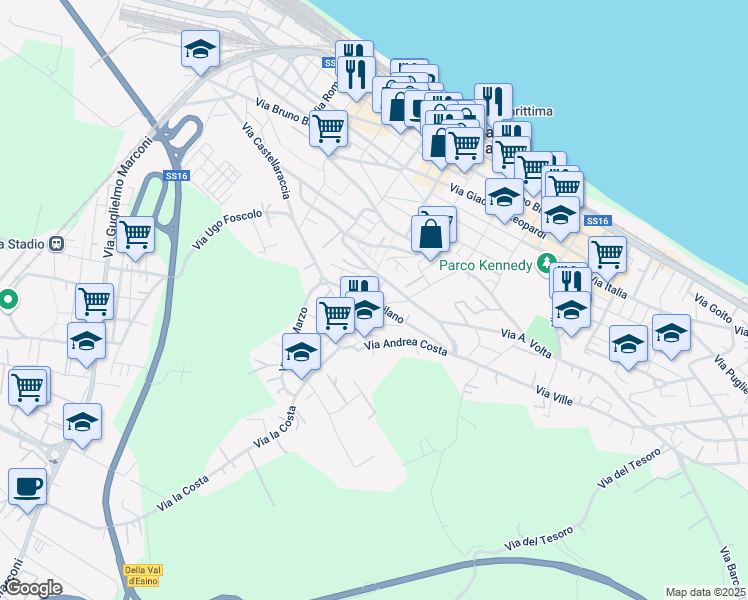 map of restaurants, bars, coffee shops, grocery stores, and more near 28 Via Milano in Falconara Marittima