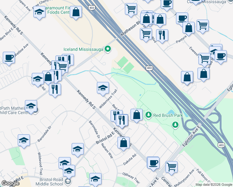 map of restaurants, bars, coffee shops, grocery stores, and more near 5389 Wilderness Trail in Mississauga