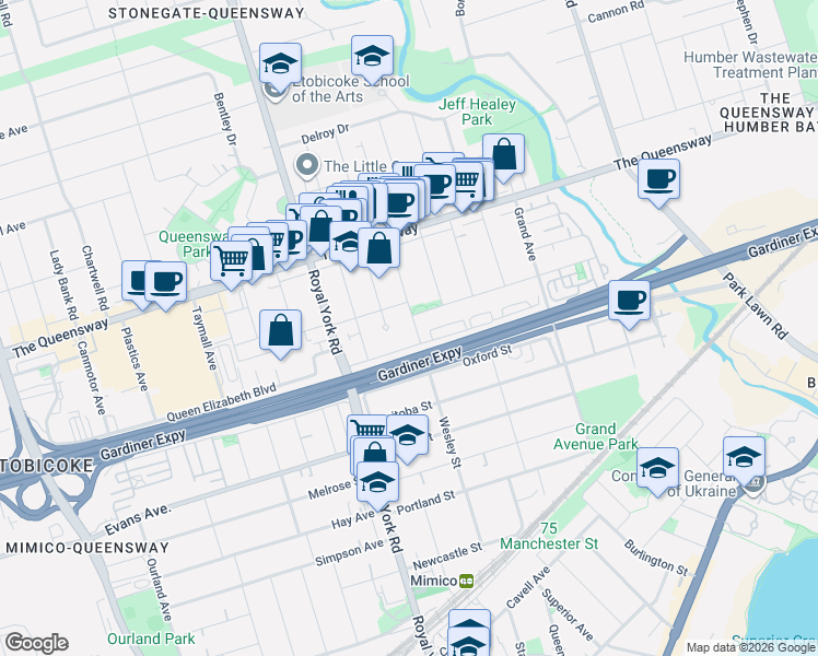 map of restaurants, bars, coffee shops, grocery stores, and more near 96 Wesley Street in Toronto