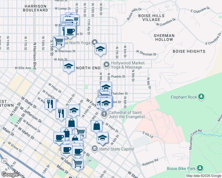 map of restaurants, bars, coffee shops, grocery stores, and more near 1110 North 8th Street in Boise