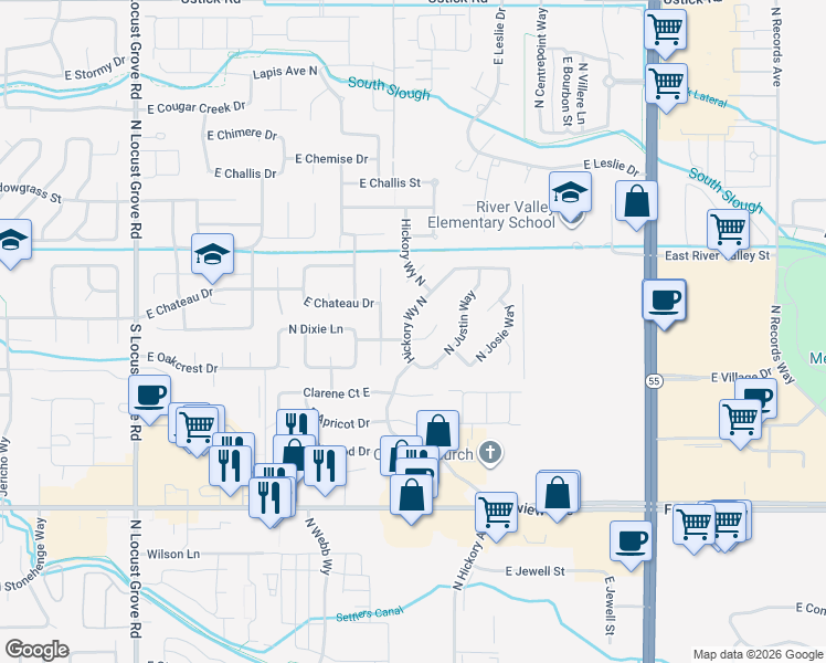 map of restaurants, bars, coffee shops, grocery stores, and more near 2150 North Hickory Way in Meridian