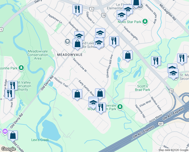 map of restaurants, bars, coffee shops, grocery stores, and more near 6867 Second Line West in Mississauga
