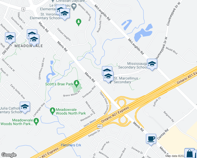 map of restaurants, bars, coffee shops, grocery stores, and more near 745 Courtneypark Drive West in Mississauga