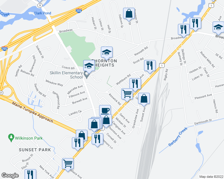 map of restaurants, bars, coffee shops, grocery stores, and more near 58 Froswick Avenue in South Portland