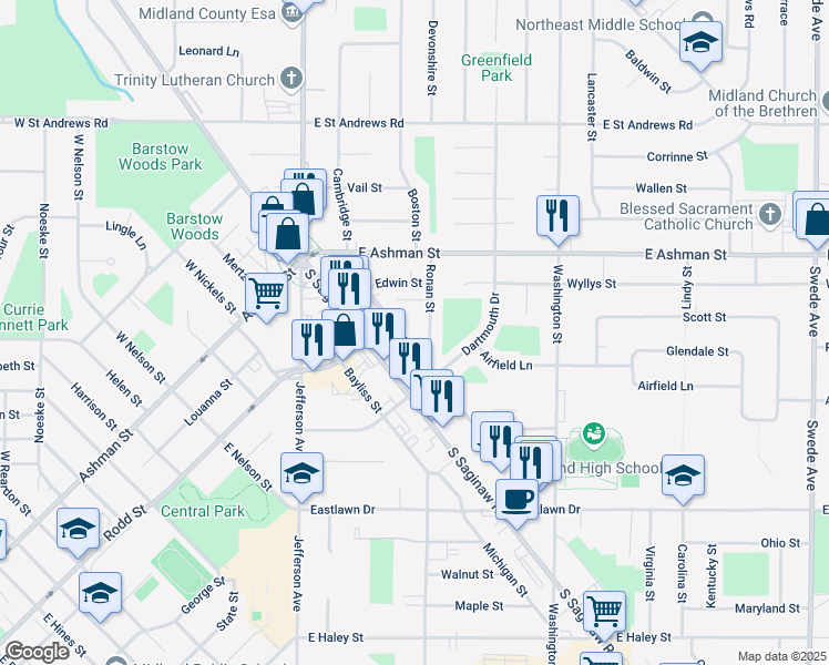 map of restaurants, bars, coffee shops, grocery stores, and more near 2803 Cambridge Street in Midland