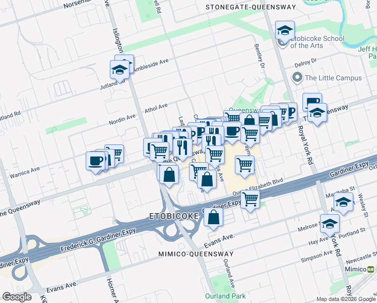 map of restaurants, bars, coffee shops, grocery stores, and more near 930A The Queensway in Toronto