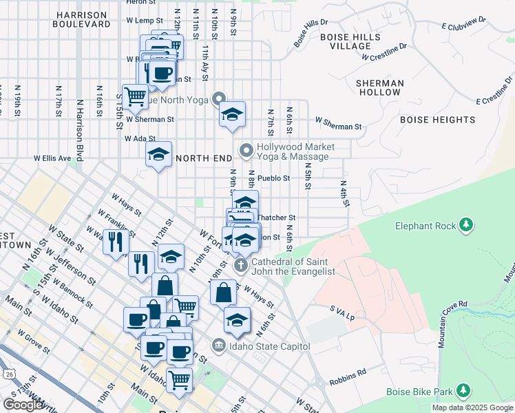 map of restaurants, bars, coffee shops, grocery stores, and more near 1114 North 8th Street in Boise