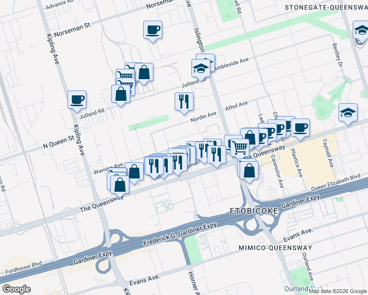 map of restaurants, bars, coffee shops, grocery stores, and more near 78 Warnica Avenue in Toronto