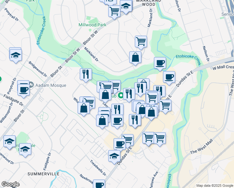map of restaurants, bars, coffee shops, grocery stores, and more near 3135 Universal Drive in Mississauga