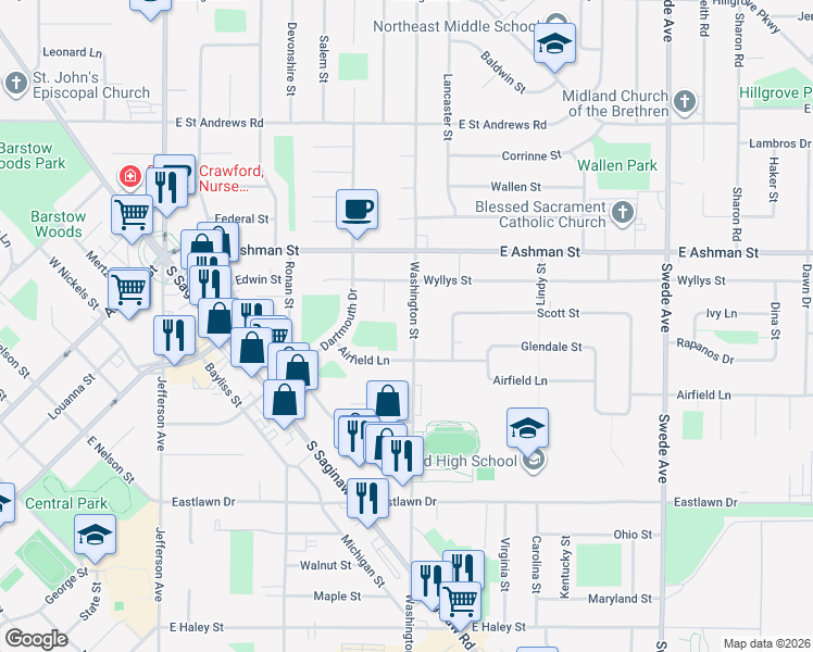 map of restaurants, bars, coffee shops, grocery stores, and more near 2809 Washington Street in Midland