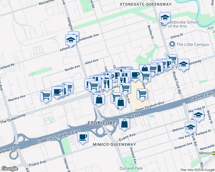 map of restaurants, bars, coffee shops, grocery stores, and more near in Toronto