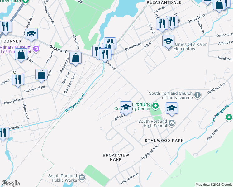 map of restaurants, bars, coffee shops, grocery stores, and more near 1096 Broadway in South Portland
