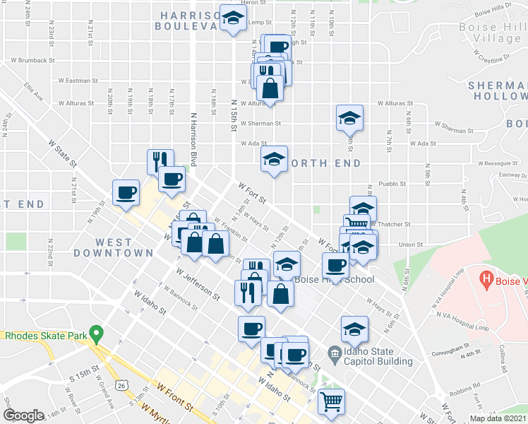 map of restaurants, bars, coffee shops, grocery stores, and more near 815 North 13th Street in Boise