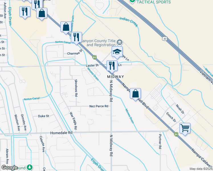 map of restaurants, bars, coffee shops, grocery stores, and more near 5018 Midway Road in Caldwell