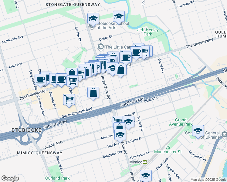 map of restaurants, bars, coffee shops, grocery stores, and more near in Toronto