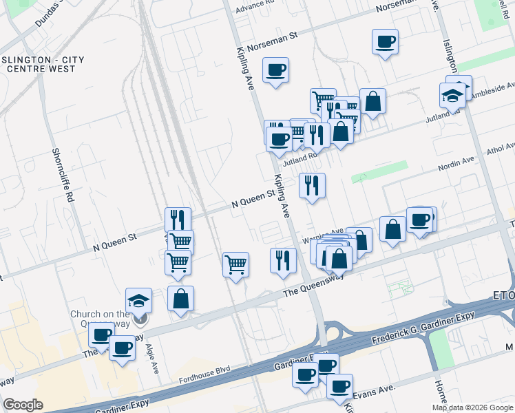 map of restaurants, bars, coffee shops, grocery stores, and more near 15 N Queen St in Toronto