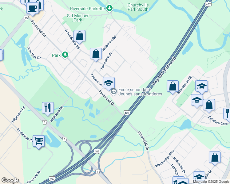 map of restaurants, bars, coffee shops, grocery stores, and more near 7585 Financial Drive in Brampton