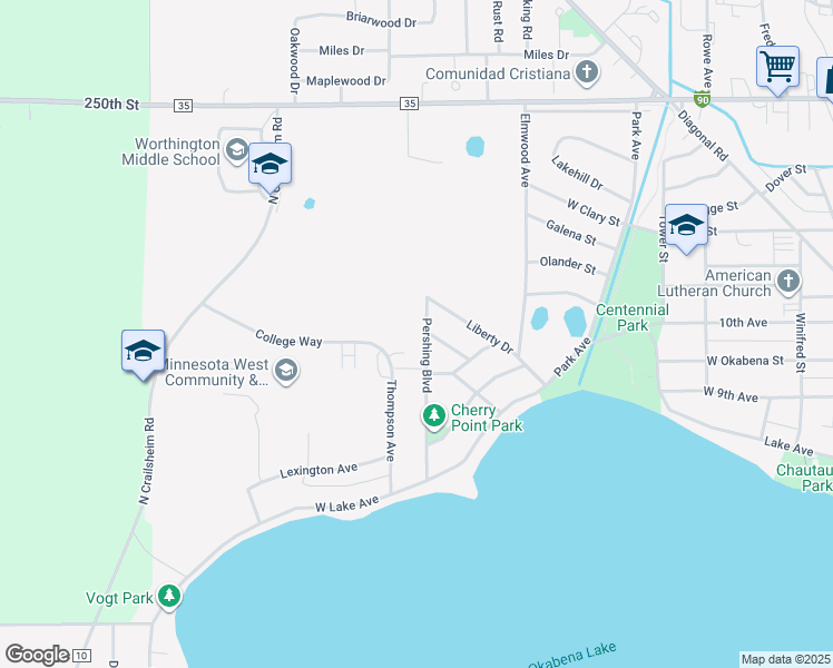map of restaurants, bars, coffee shops, grocery stores, and more near 921 Pershing Boulevard in Worthington