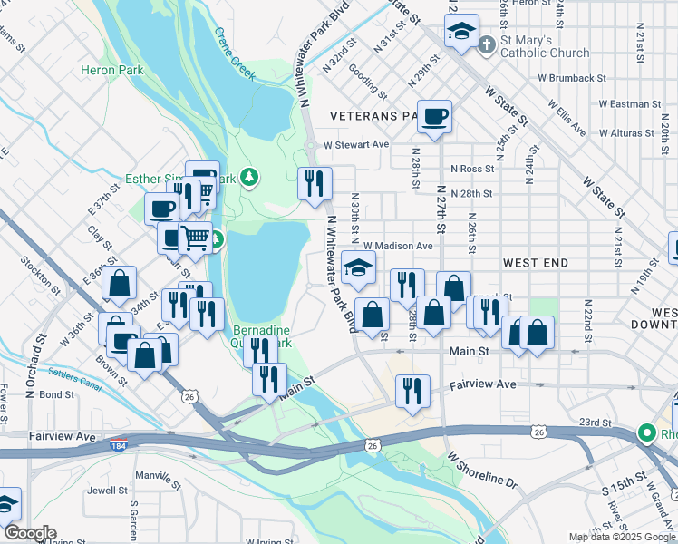 map of restaurants, bars, coffee shops, grocery stores, and more near 3042 West Jefferson Street in Boise