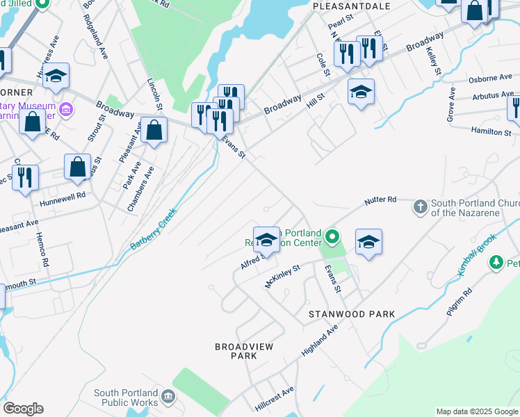map of restaurants, bars, coffee shops, grocery stores, and more near 35 Jennie's Court in South Portland