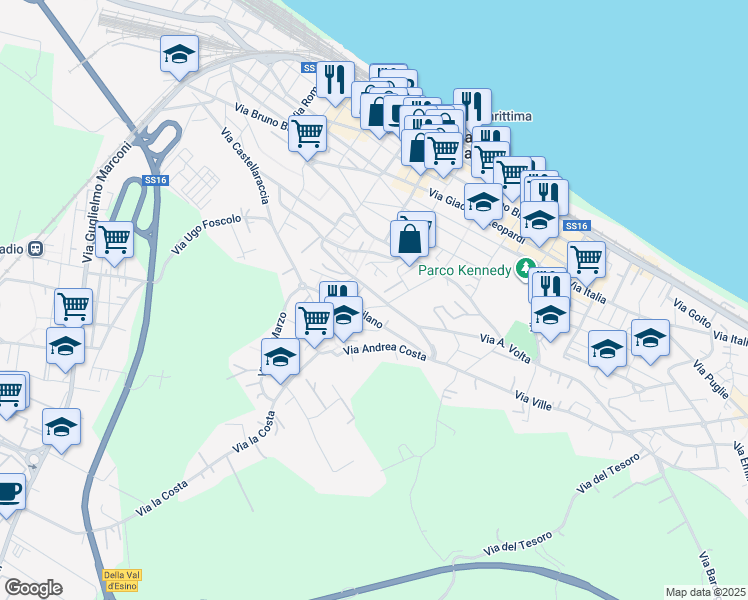 map of restaurants, bars, coffee shops, grocery stores, and more near 67 Via Giacomo Matteotti in Falconara Marittima