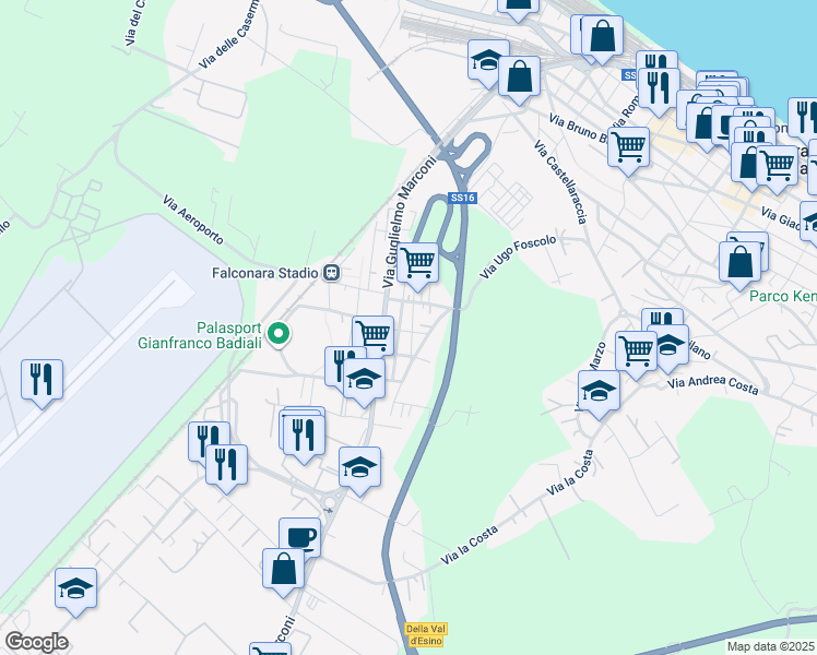 map of restaurants, bars, coffee shops, grocery stores, and more near 5 Via Alessandro Manzoni in Falconara Marittima