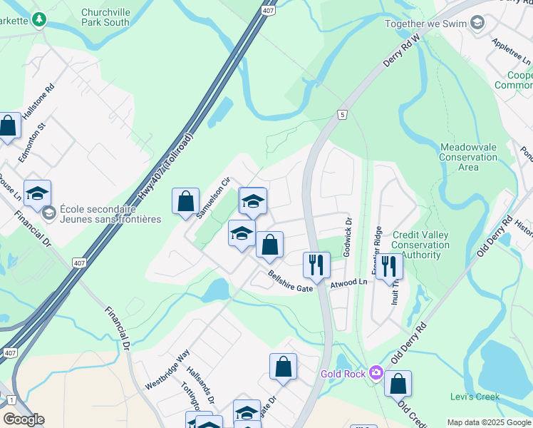 map of restaurants, bars, coffee shops, grocery stores, and more near 1857 Samuelson Circle in Mississauga
