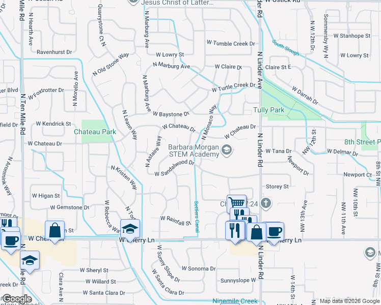 map of restaurants, bars, coffee shops, grocery stores, and more near 2202 North Glennfield Way in Meridian