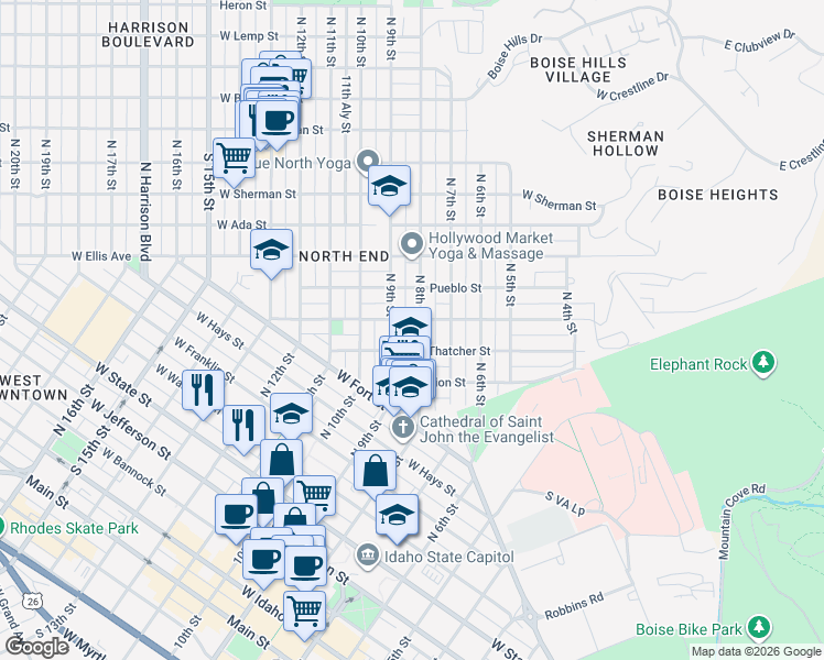 map of restaurants, bars, coffee shops, grocery stores, and more near 1117 North 8th Street in Boise