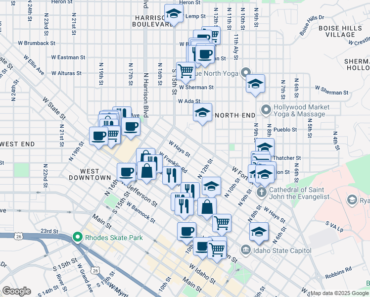 map of restaurants, bars, coffee shops, grocery stores, and more near 1316 West Hays Street in Boise