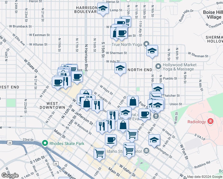 map of restaurants, bars, coffee shops, grocery stores, and more near 1314 West Hays Street in Boise