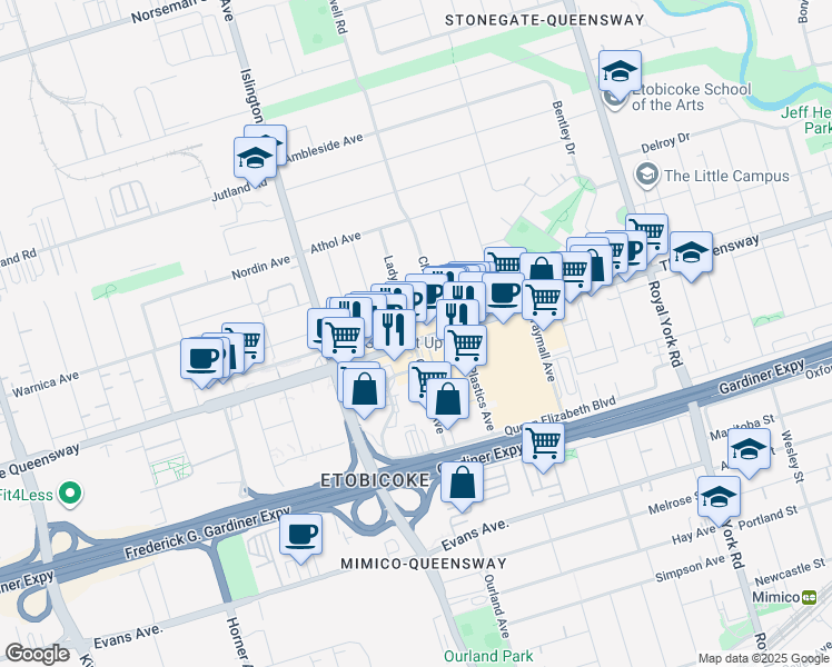 map of restaurants, bars, coffee shops, grocery stores, and more near in Toronto
