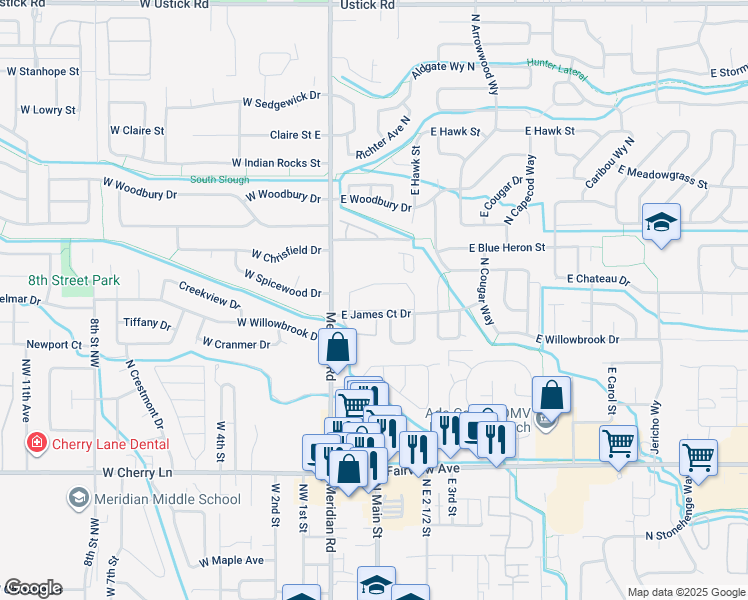 map of restaurants, bars, coffee shops, grocery stores, and more near 300 East James Court Drive in Meridian