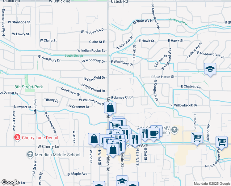 map of restaurants, bars, coffee shops, grocery stores, and more near 260 East James Court Drive in Meridian
