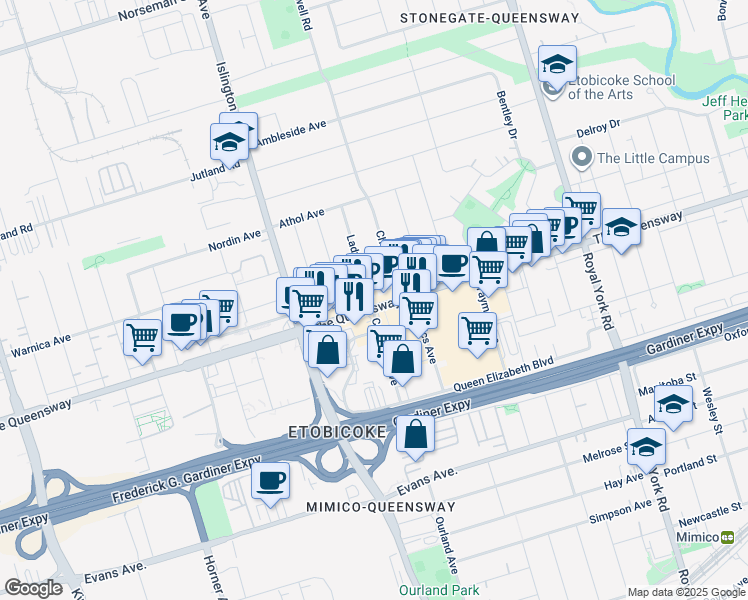 map of restaurants, bars, coffee shops, grocery stores, and more near 892 The Queensway in Toronto