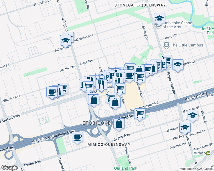 map of restaurants, bars, coffee shops, grocery stores, and more near 51 Lady Bank Road in Toronto