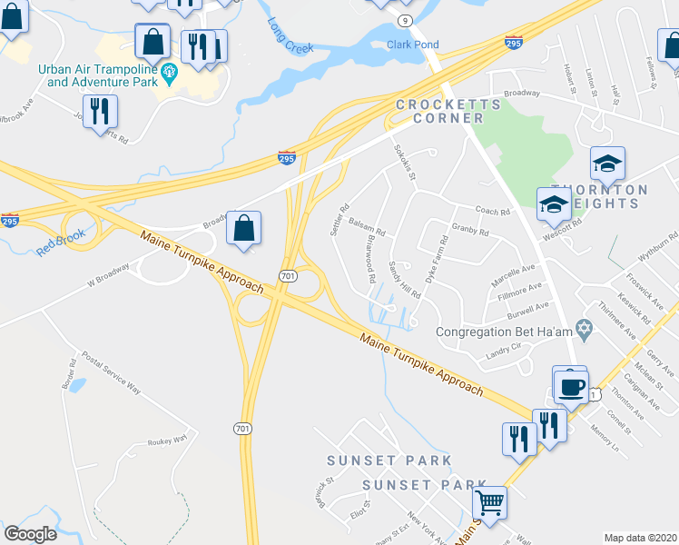 map of restaurants, bars, coffee shops, grocery stores, and more near 145 Settler Road in South Portland