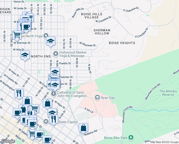 map of restaurants, bars, coffee shops, grocery stores, and more near 317 Ofarrell Street in Boise