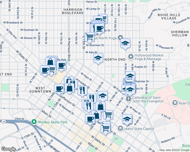 map of restaurants, bars, coffee shops, grocery stores, and more near 815 North 13th Street in Boise